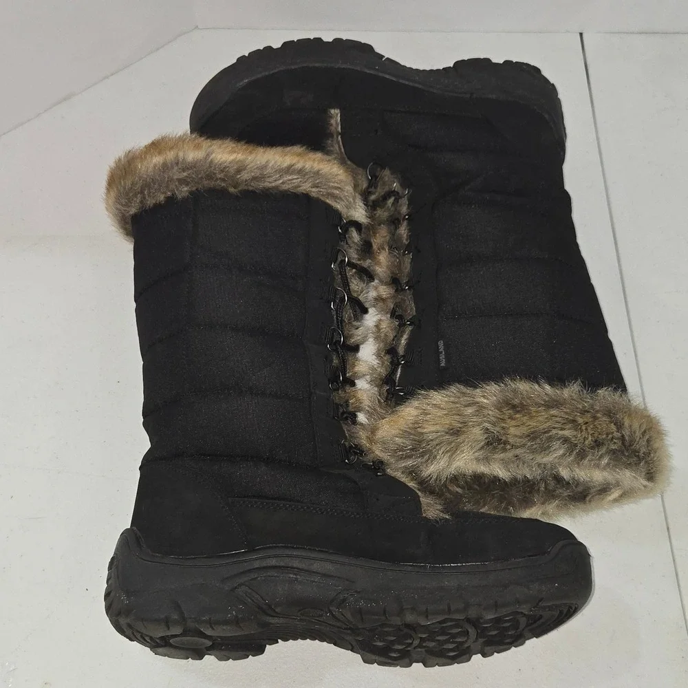 Ausland Womens Black Faux Fur Trim Winter Snow Boots Lace Up Mid Calf Size 8.5